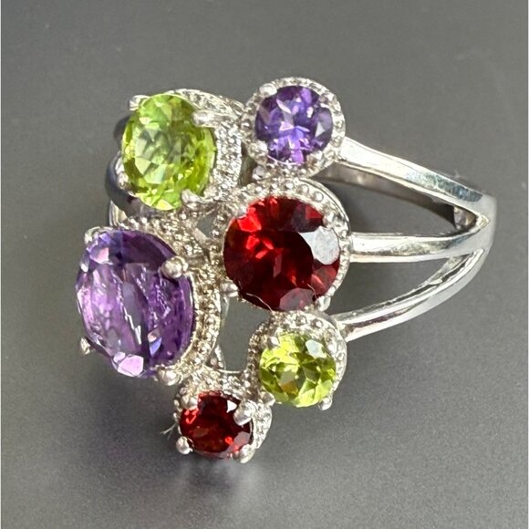 Sterling Silver Multi Stone Crystal Ring Cluster Ring 10 - Picture 1 of 5